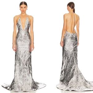 LaQuan Smith Plunging V Neck Metallic Silver Fishtail Maxi Dress Size Small